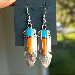 Sterling Silver Feather Dangly Earrings with Orange Spiny Oyster and Turquoise